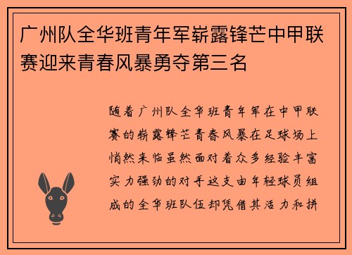 广州队全华班青年军崭露锋芒中甲联赛迎来青春风暴勇夺第三名